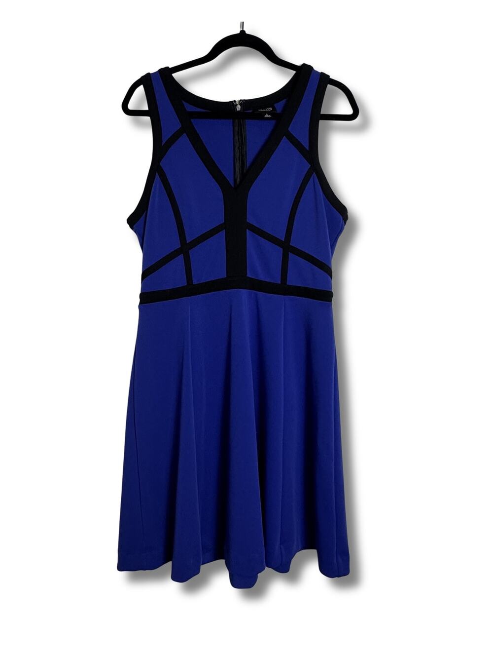 Nicole Miller Royal Blue and Black A Line Fit and Flare Geometric Line Dress, L